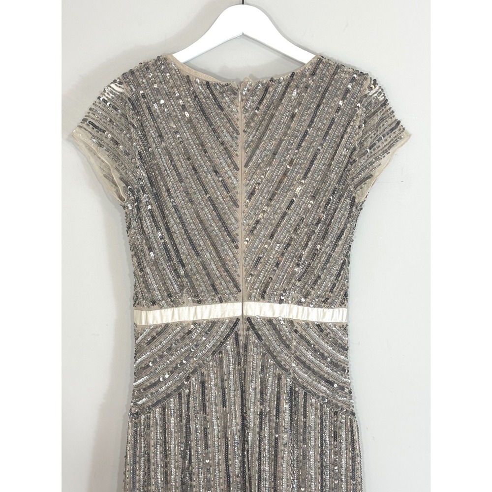 Adrianna Papell Beaded Sequin V-Neck Gown Cap Sleeve Maxi Dress Champagne Silver - Picture 9 of 16